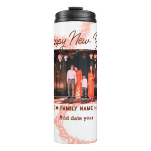 Happy new year brown add photo family name glitter thermal tumbler
