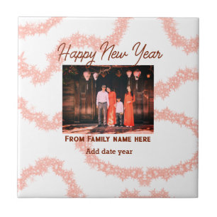 Happy new year brown add photo family name glitter tile