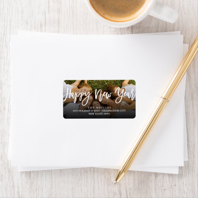 Happy New Year Brush Script Calligraphy Photo Label (Insitu)