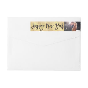 Happy New Year Brush Script Photo Holiday Address Wrap Around Label