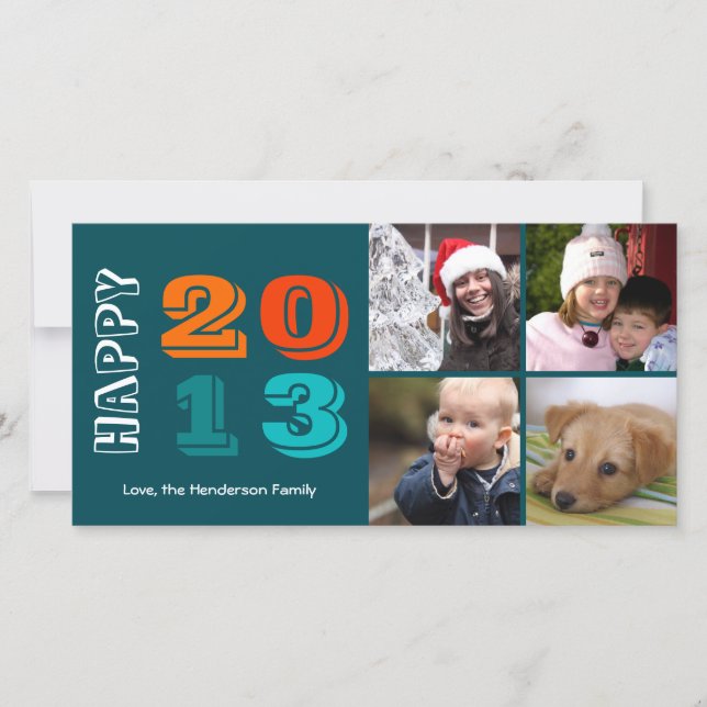 Happy new year by year 4 family photo grid navy holiday card (Front)