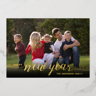 Happy New Year Calligraphy 1 Photo Gold Foil Holiday Card
