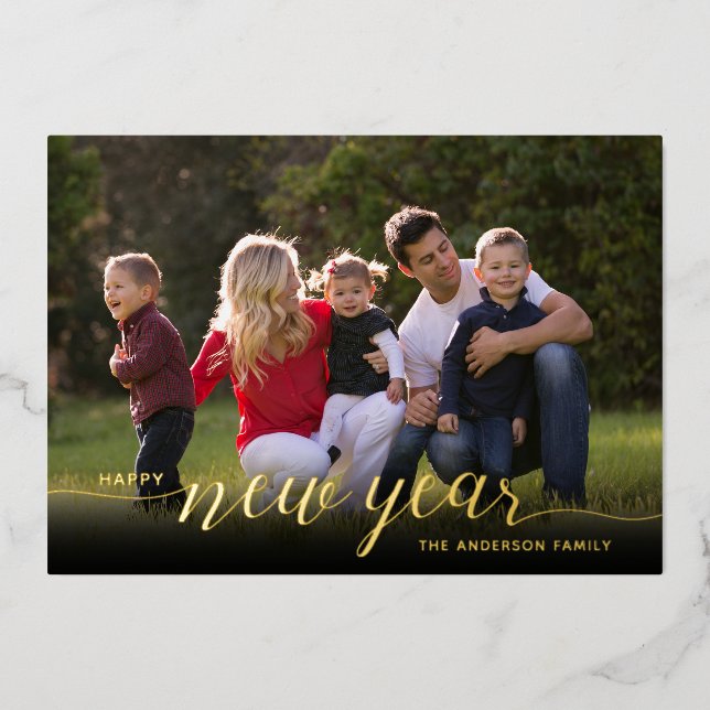 Happy New Year Calligraphy 1 Photo Gold Foil Holiday Card (Front)