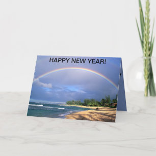 Happy New Year Card/Perfect rainbow over a beach Holiday Card