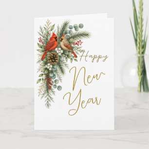 Happy New Year Cardinal Pair Winter Botanical Wate Card