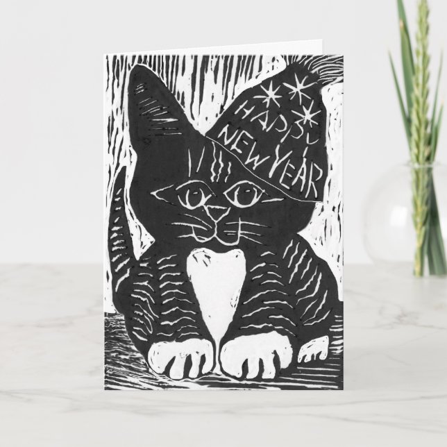 Happy New Year Cat Block Print Holiday Card (Front)
