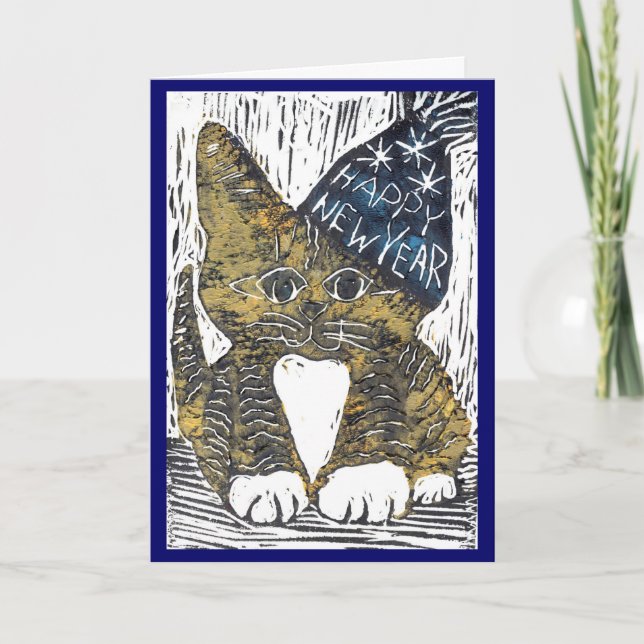 Happy New Year Cat Block Print Holiday Card (Front)