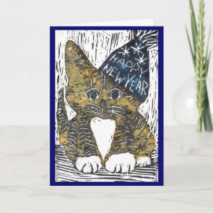 Happy New Year Cat Block Print Holiday Card