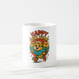Happy New Year Cat - Cute 80s Cartoon Skating Coffee Mug