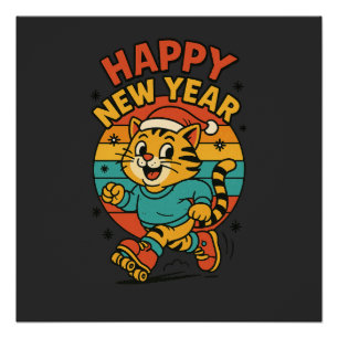Happy New Year Cat - Cute 80s Cartoon Skating Poster