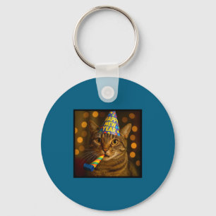Happy New Year Cat Funny Party Hat Feline Meme Cel Key Ring