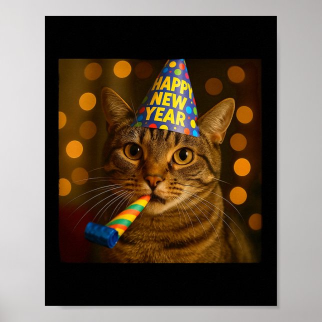 Happy New Year Cat Funny Party Hat Feline Meme Cel Poster (Front)