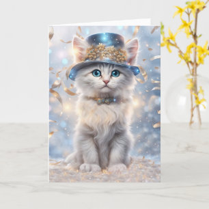 Happy New Year Cat in Party Hat and Streamers  Card