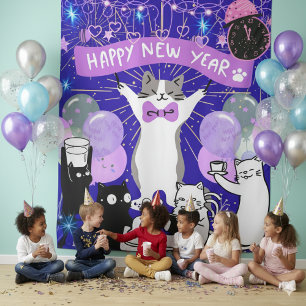 Happy New Year Cat Party Blue & Purple Backdrop Tapestry