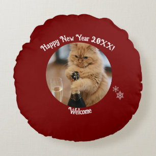 Happy New Year Cat Photo Customize Round Cushion