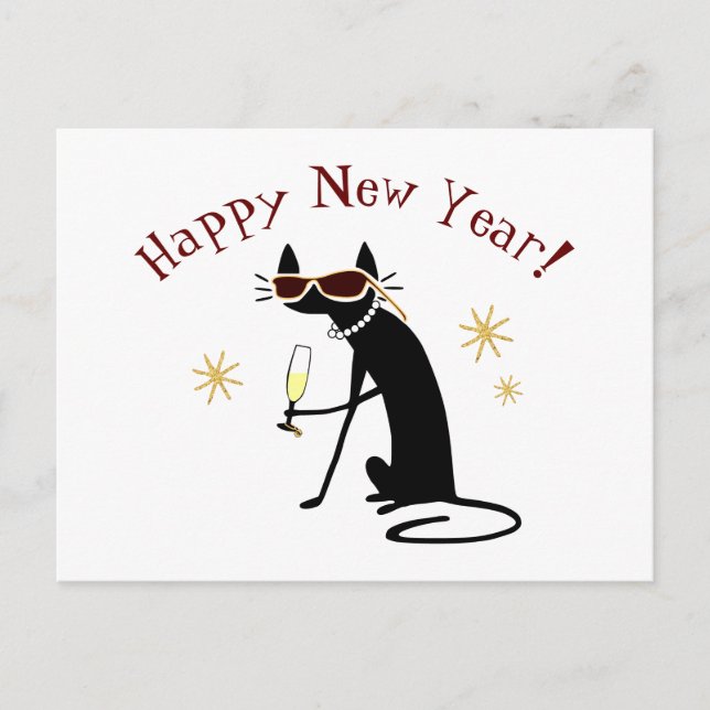 Happy New Year Cat with Champagne Holiday Postcard (Front)