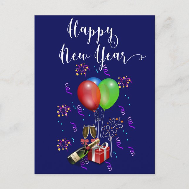 Happy New Year Celebrate Fireworks Champagne Postcard (Front)