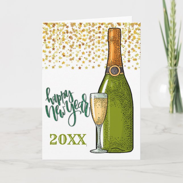Happy New Year Champagne and Gold Stars Card (Front)