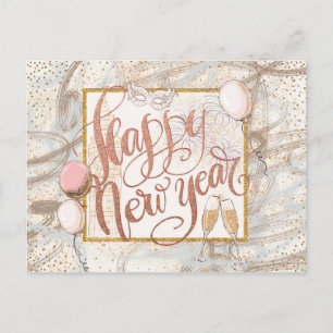 Happy New Year Champagne, balloons, Confetti Postcard