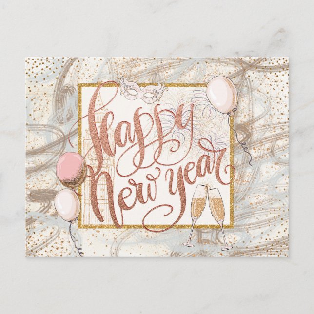 Happy New Year Champagne, balloons, Confetti Postcard (Front)