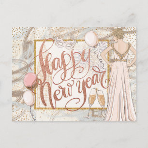 Happy New Year Champagne, balloons, elegant Lady Postcard