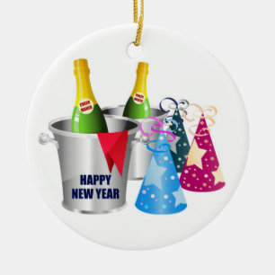 Happy New Year Champagne Ceramic Tree Decoration