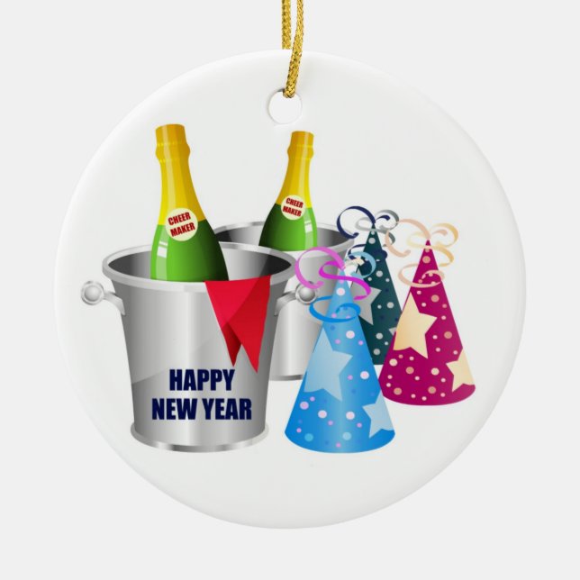 Happy New Year Champagne Ceramic Tree Decoration (Front)