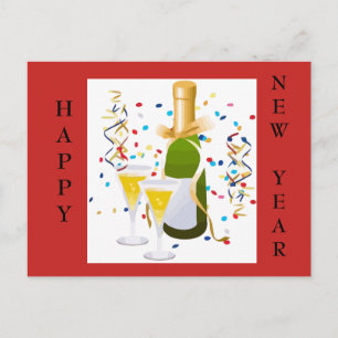 Happy New Year champagne confetti red post card