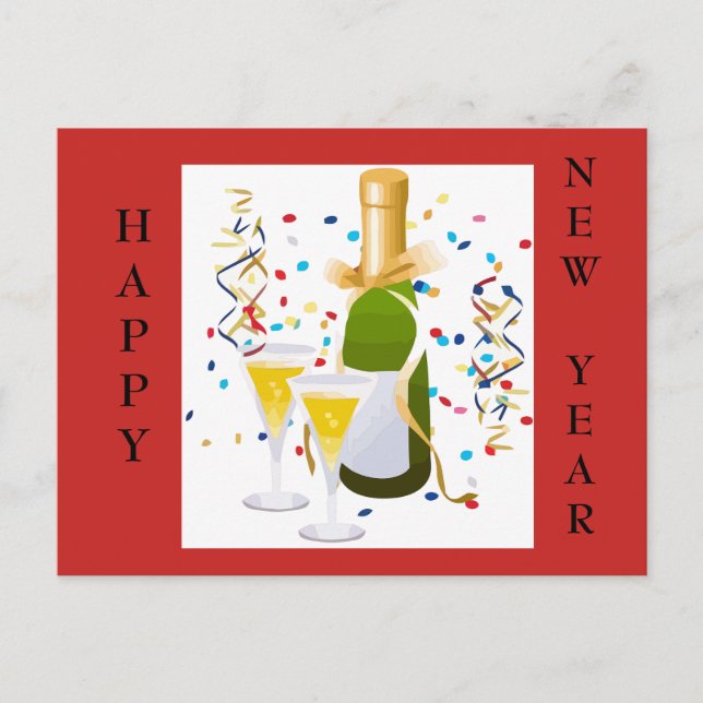 Happy New Year champagne confetti red post card (Front)