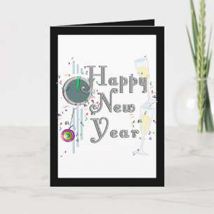 Happy New Year - Champagne Glasses and Clock Holiday Card