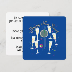 Happy New Year - Champagne Glasses and Clock Invitation