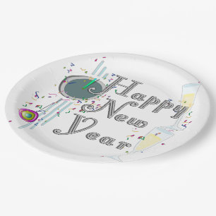 Happy New Year - Champagne Glasses and Clock Paper Plate