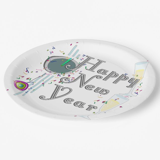 Happy New Year - Champagne Glasses and Clock Paper Plate (Angled)
