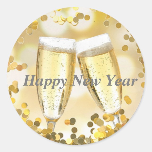 Happy New Year Champagne Glasses Classic Round Sticker (Front)