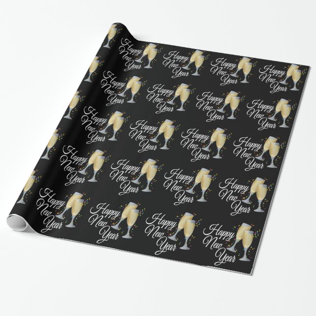 Happy New Year Champagne Glasses & Confetti Wrapping Paper (Unrolled)