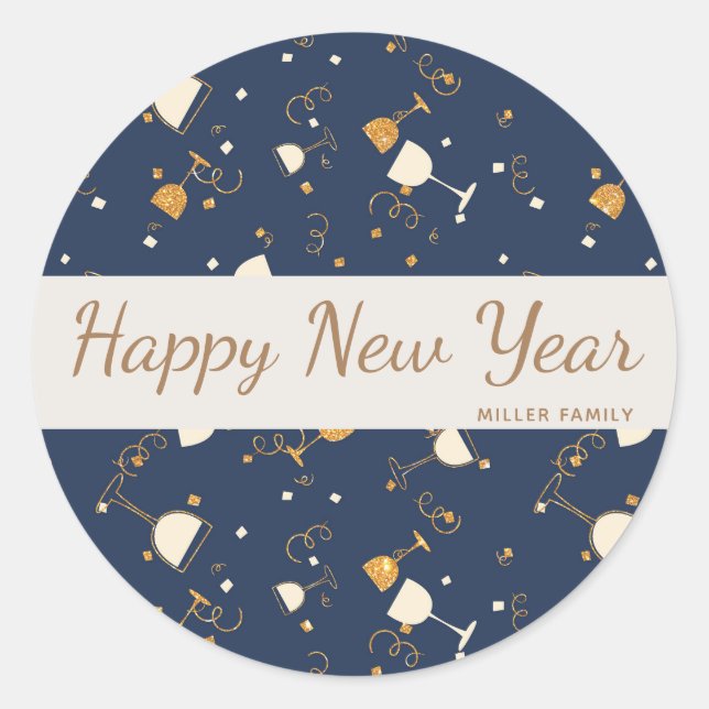 happy new year champagne glasses gold and navy classic round sticker (Front)