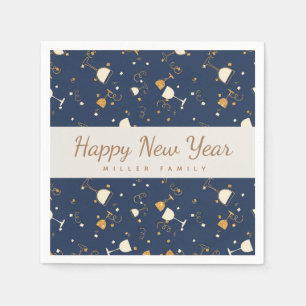 happy new year champagne glasses gold and navy napkin