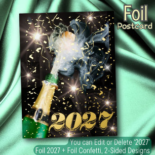 Happy New Year champagne gold foil confetti modern Holiday Postcard