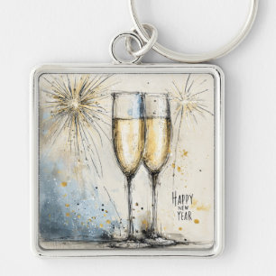 Happy New Year Champagne Toast Key Ring
