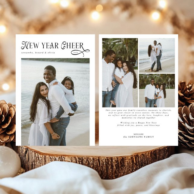 Happy New Year Cheer Modern Family 4 Photo Collage Holiday Card (Creator Uploaded)