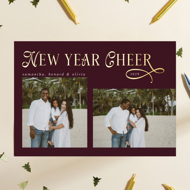 Happy New Year Cheer Modern Family Photo Burgundy Foil Holiday Card (Creator Uploaded)