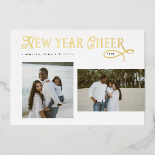 Happy New Year Cheer Modern Family Photo Collage Foil Holiday Card