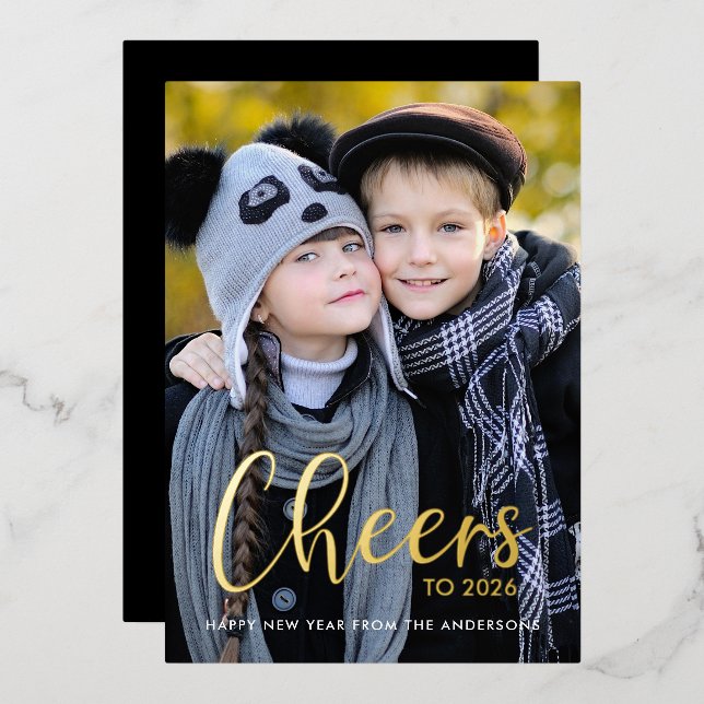 Happy New Year Cheers Photo Foil Holiday Card (Front/Back)