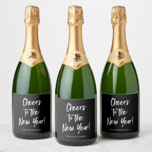 Happy New Year Cheers to New Year Black Modern  Sparkling Wine Label