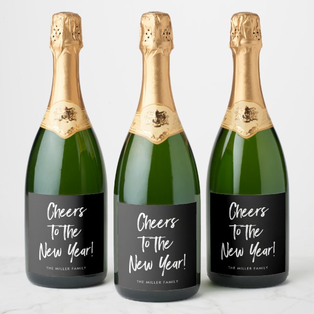 Happy New Year Cheers to New Year Black Modern  Sparkling Wine Label (Bottles)