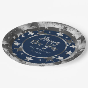 Happy New Year Chic Blue Silver Grey Stars Pattern Paper Plate