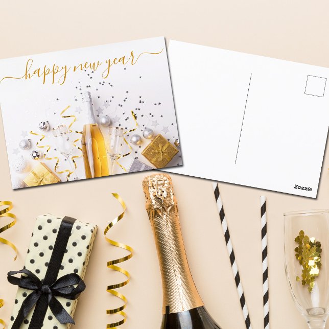 Happy New Year Chic Gold Champagne Streamers Postcard (Creator Uploaded)