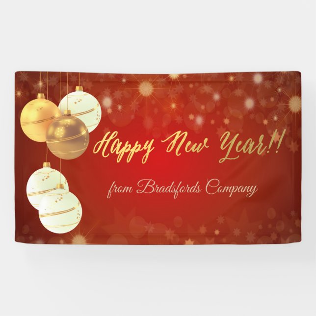 Happy New Year, Christmas Balls, Red Banner (Horizontal)