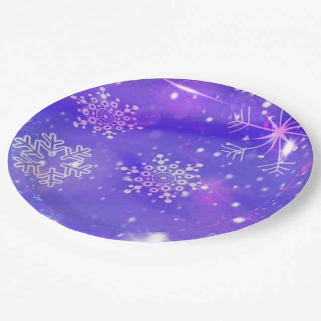 Happy New Year Christmas Purple Glitter Stars Paper Plate (Angled)