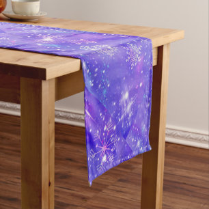 Happy New Year Christmas Purple Glitter Stars Short Table Runner